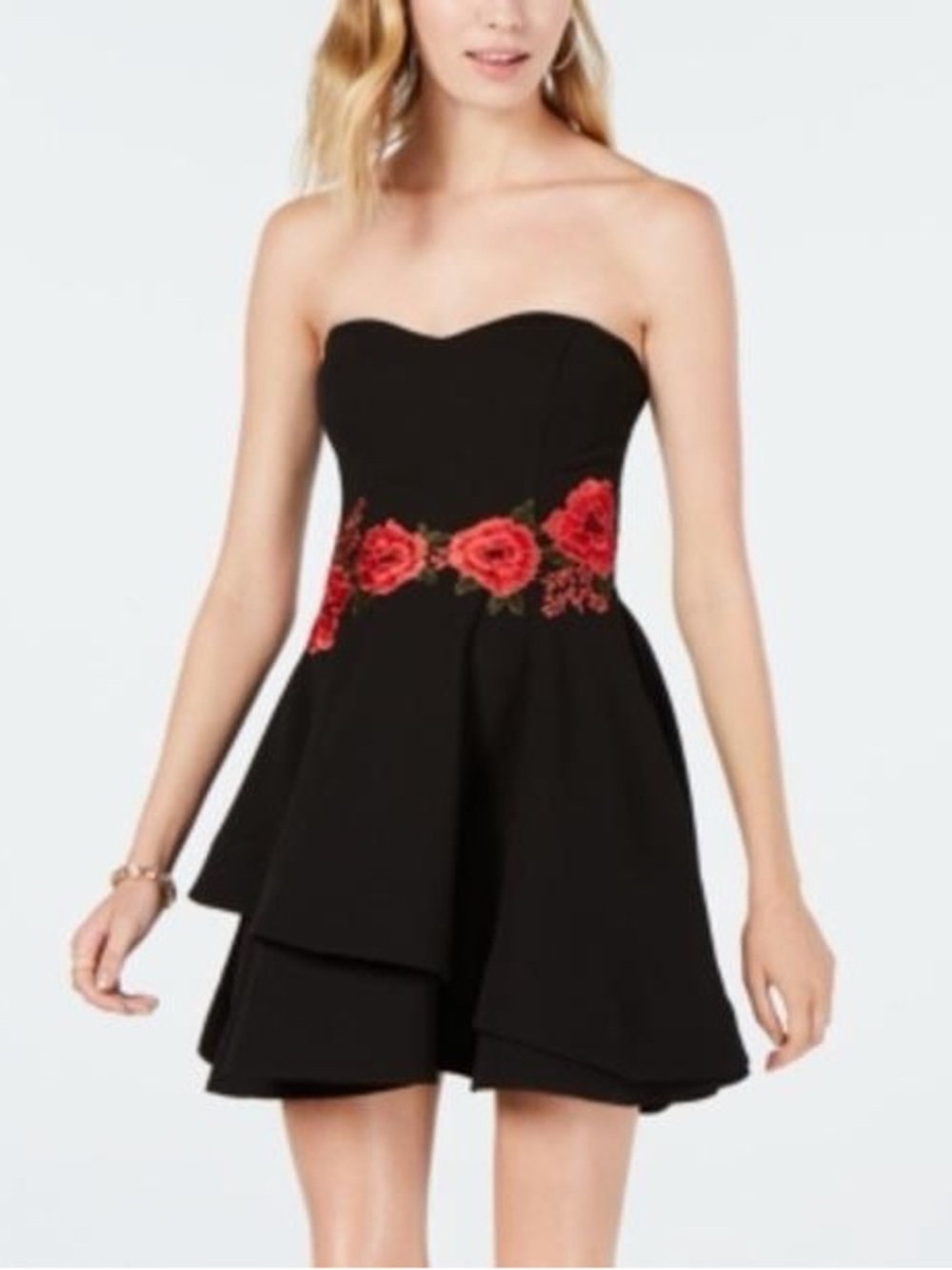 B Darlin Black Strapless Dress with Red Floral Waist